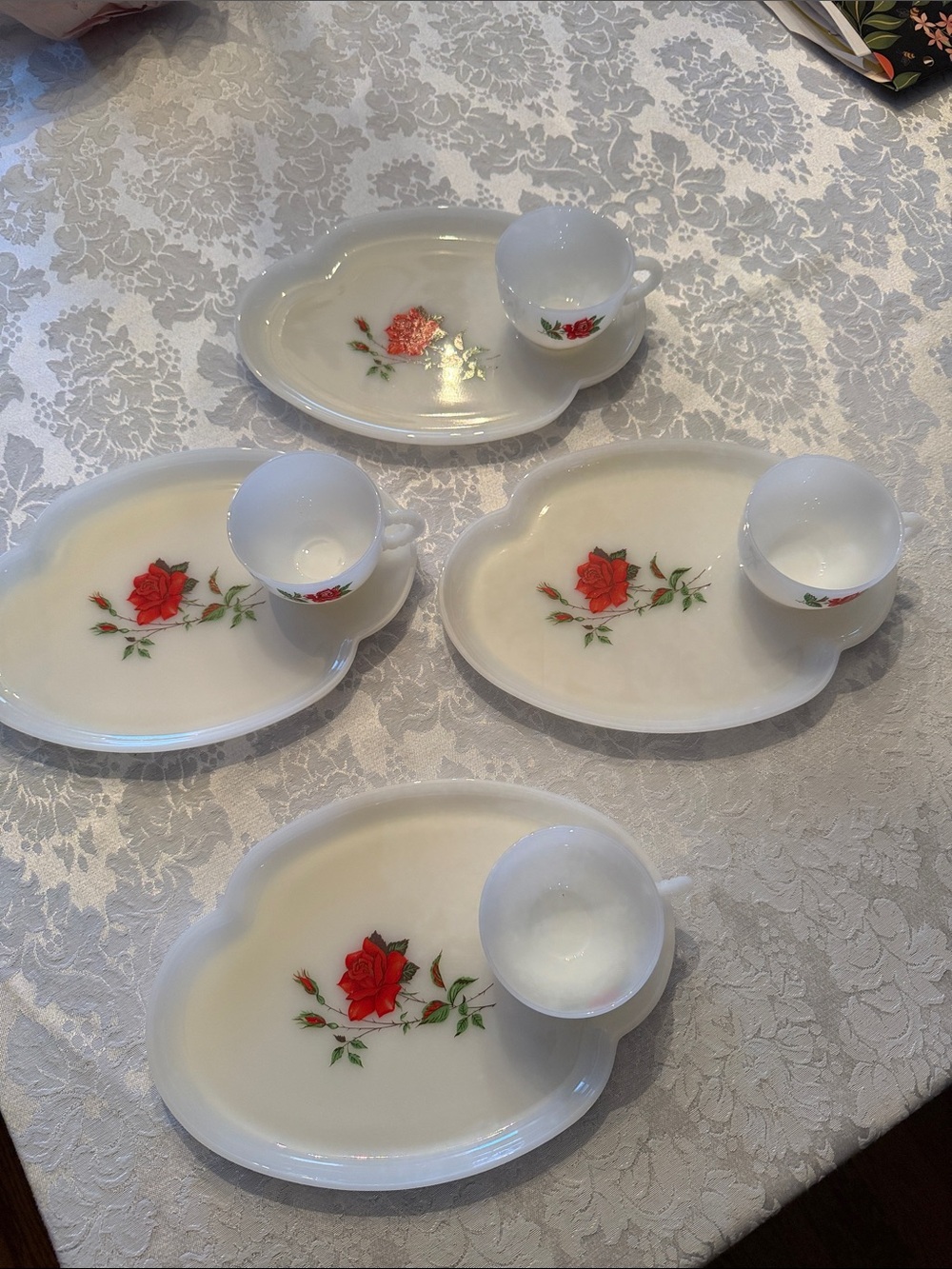 Federal Milk Glass “Rosecrest” snack sets